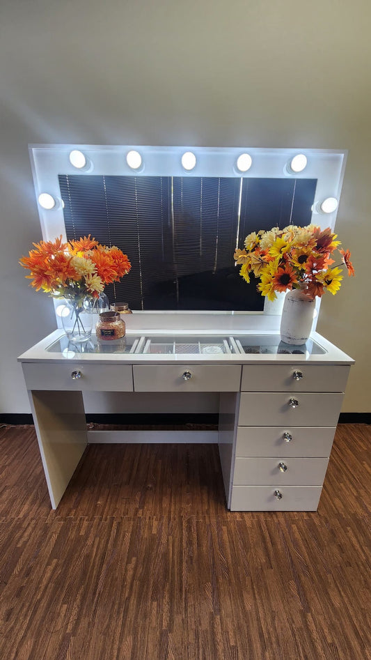 Makeup Vanity Desk with Built-in LED Lights, Glass Top, 7 Drawers, Crystal Knobs & Power Outlet