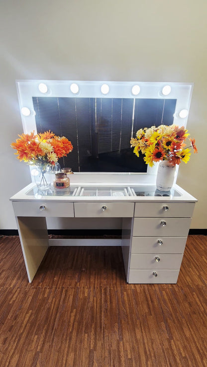 Makeup Vanity Desk with Built-in LED Lights, Glass Top, 7 Drawers, Crystal Knobs & Power Outlet