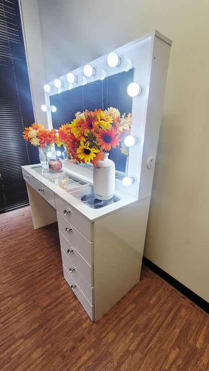 Makeup Vanity Desk with Built-in LED Lights, Glass Top, 7 Drawers, Crystal Knobs & Power Outlet