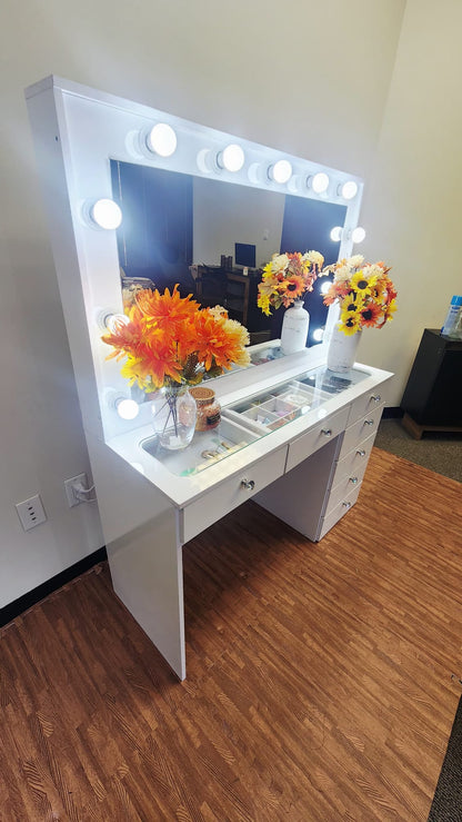 Makeup Vanity Desk with Built-in LED Lights, Glass Top, 7 Drawers, Crystal Knobs & Power Outlet