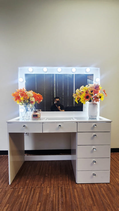 Makeup Vanity Desk with Built-in LED Lights, Glass Top, 7 Drawers, Crystal Knobs & Power Outlet