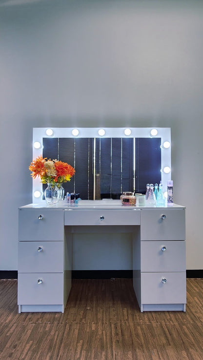 Makeup Vanity Desk with LED Mirror, Bluetooth Speaker, 7 Drawers, Jewelry Divider, Glass Top & Power Outlet