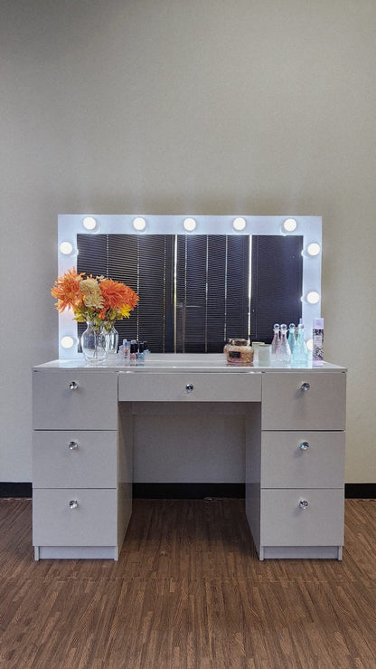 Makeup Vanity Desk with LED Mirror, Bluetooth Speaker, 7 Drawers, Jewelry Divider, Glass Top & Power Outlet