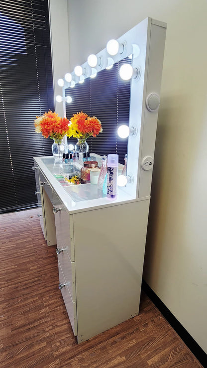 Makeup Vanity Desk with LED Mirror, Bluetooth Speaker, 7 Drawers, Jewelry Divider, Glass Top & Power Outlet