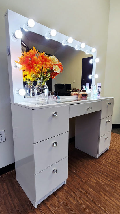 Makeup Vanity Desk with LED Mirror, Bluetooth Speaker, 7 Drawers, Jewelry Divider, Glass Top & Power Outlet