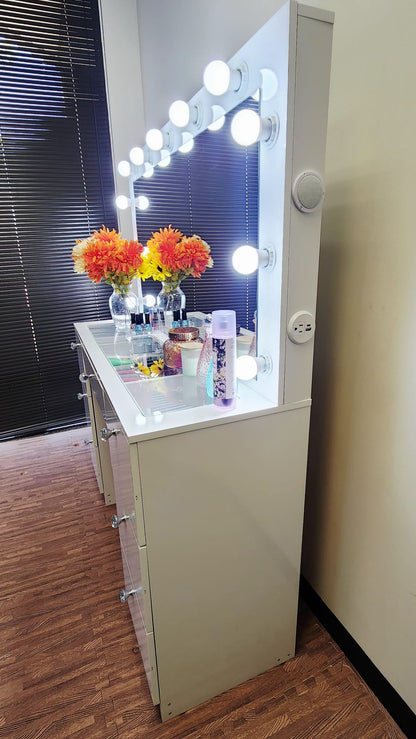 Makeup Vanity Desk with LED Mirror, Bluetooth Speaker, 7 Drawers, Jewelry Divider, Glass Top & Power Outlet