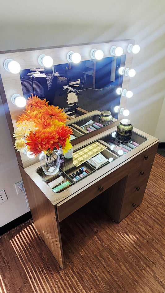 Makeup Vanity Desk with Built-in Lights, USB & Power Outlet, Glass Top & 5 Drawers