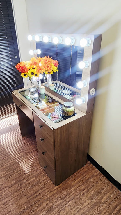 Makeup Vanity Desk with Built-in Lights, USB & Power Outlet, Glass Top & 5 Drawers