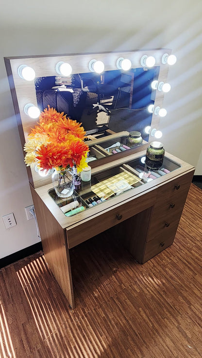 Makeup Vanity Desk with Built-in Lights, USB & Power Outlet, Glass Top & 5 Drawers