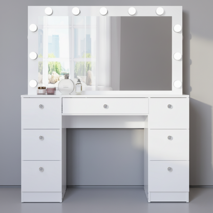 Makeup Vanity Desk with LED Mirror, Bluetooth Speaker, 7 Drawers, Jewelry Divider, Glass Top & Power Outlet