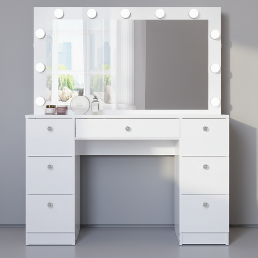 Makeup Vanity Desk with LED Mirror, Bluetooth Speaker, 7 Drawers, Jewelry Divider, Glass Top & Power Outlet