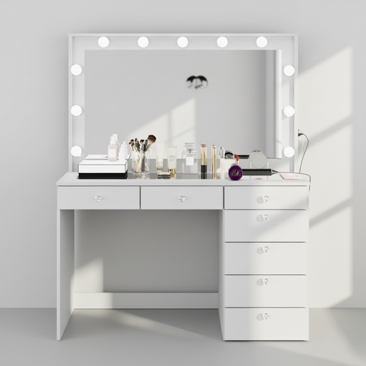 Makeup Vanity Desk with Built-in LED Lights, Glass Top, 7 Drawers, Crystal Knobs & Power Outlet