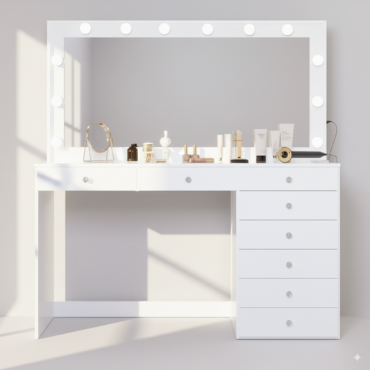 Lighted Makeup Vanity Desk with Glass Top, Wide Mirror & 7 Drawers for Bedroom