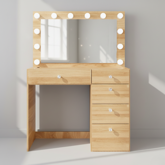Makeup Vanity Desk with Built-in Lights, USB & Power Outlet, Glass Top & 5 Drawers